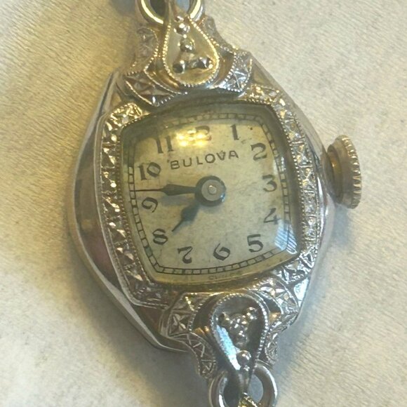 Vintage! Working Bulova 1950s 10K GF Art Deco Watch with 2 Diamonds #3760624 main image 6